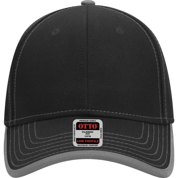 A black and grey 6 panel low profile baseball cap with a logo near the front.