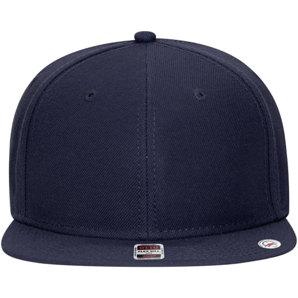 A navy blue mid-profile snapback cap with a grey undervisor and a logo on the side.