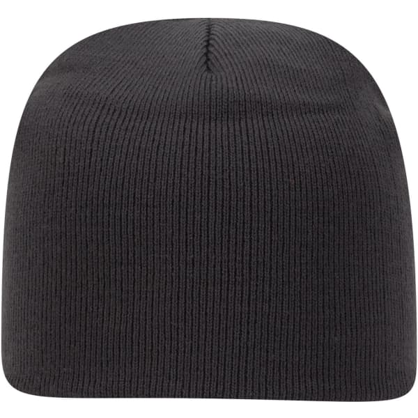 A classic knit beanie in black with a fitted design and a ribbed texture. It features a logo on the side.