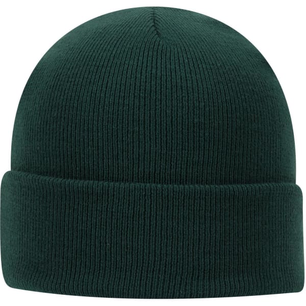 A classic knit beanie in a deep green colour with a rolled brim, featuring a logo.