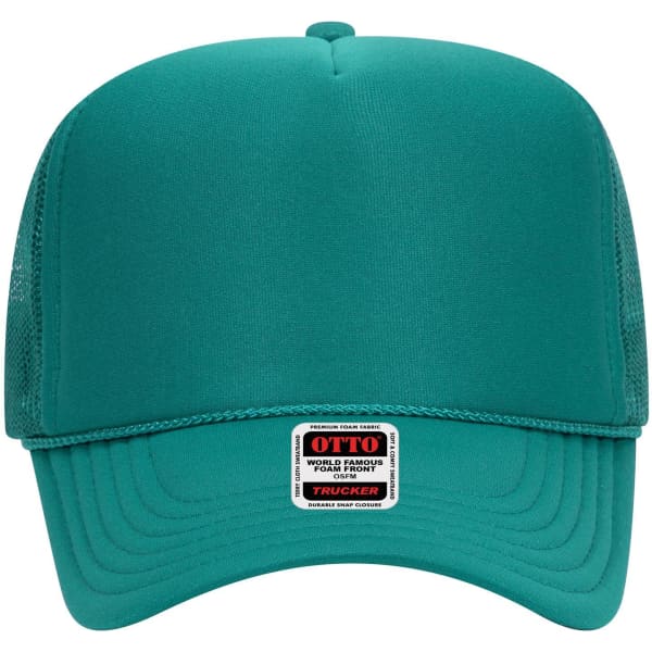 A teal 5 Panel High Crown Trucker Cap featuring a mesh back and a rectangular logo label on the front.