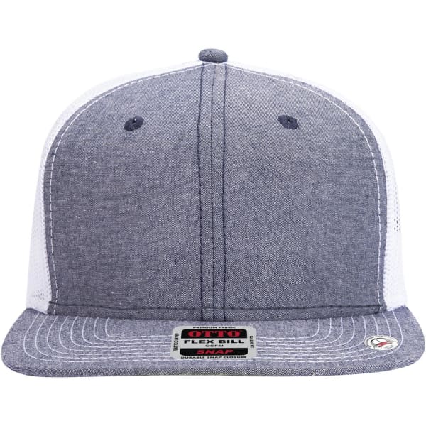 A grey and white 6 panel mid profile trucker cap featuring a logo on the front.