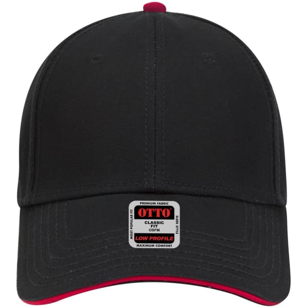 A black 6 panel low profile baseball cap with a red underbrim and a logo on the front.