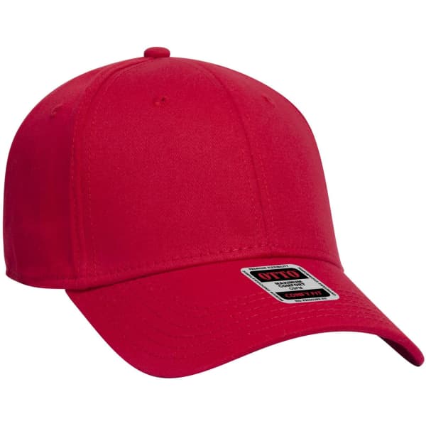 A red six-panel low-profile baseball cap with a branding logo on the front.