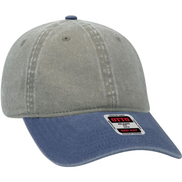 A grey and navy 6 panel low profile dad cap featuring a logo on the front.
