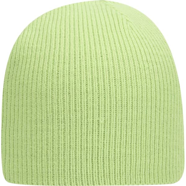 A lime green knit beanie with a ribbed texture and no visible logos.