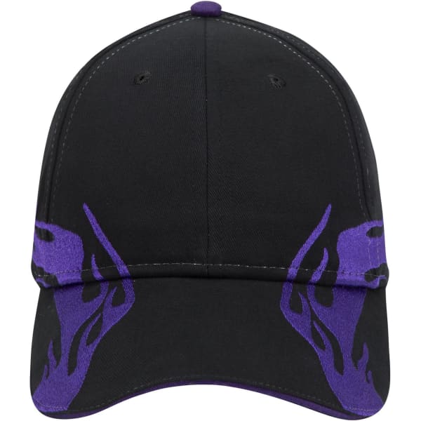 A black baseball cap with purple flame designs and a logo on the front.