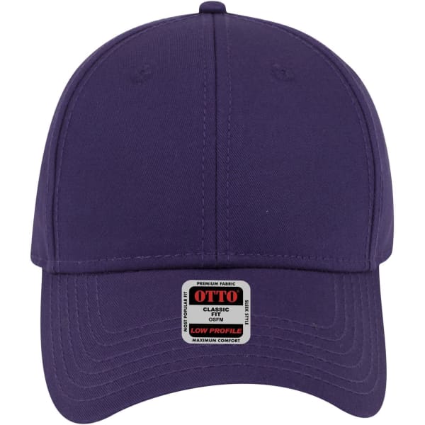 A purple 6 panel low profile baseball cap with a tag and no visible logos.
