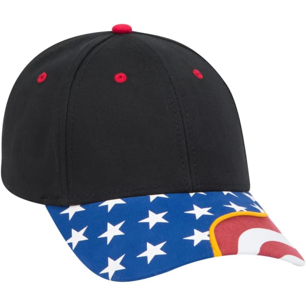 A low-profile six-panel baseball cap featuring a black body and a blue star-patterned brim with red details.