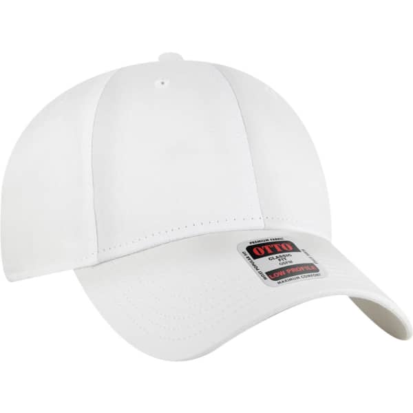 A white six-panel low profile baseball cap with a branded tag on the front.