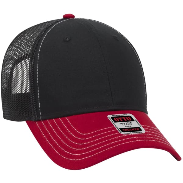 A 6 panel low profile trucker cap in black and red with a mesh back and a logo on the front.