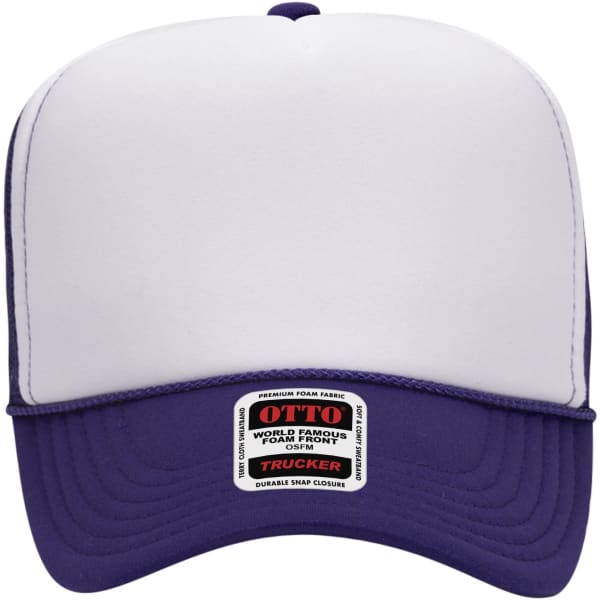 A purple and white 5 Panel High Crown Trucker Cap featuring a logo and a snap closure at the back.