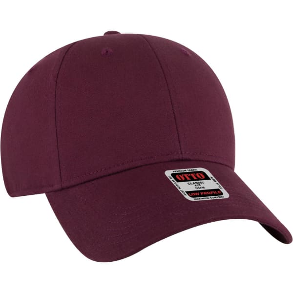 A maroon 6 panel low profile baseball cap with a logo, featuring a curved brim and adjustable back.