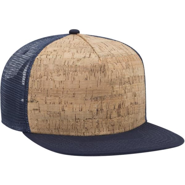 A cork-patterned trucker cap with a navy blue mesh back and a flat brim, featuring a logo on the front.