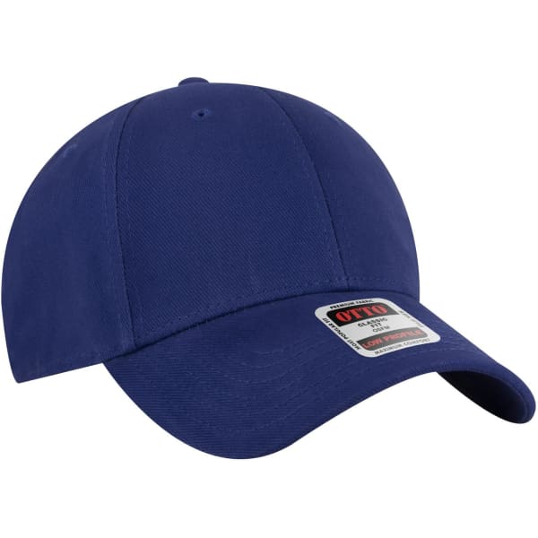 A navy blue 6 panel low profile baseball cap with a logo on the front and an adjustable back.