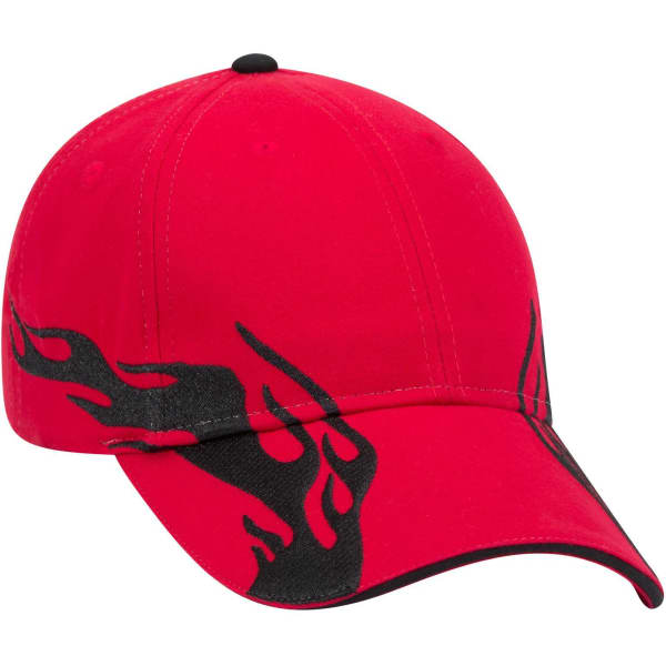 A red low profile baseball cap with black flame designs and a black trim on the brim. It features a logo.