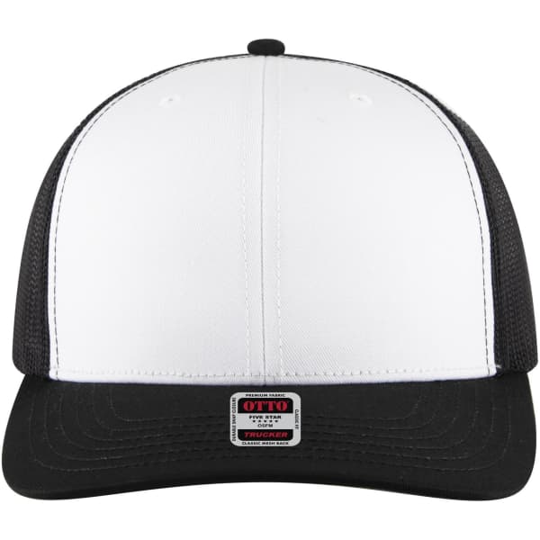 A 6-panel mid-profile trucker cap in white and black, featuring a mesh back and a small logo.