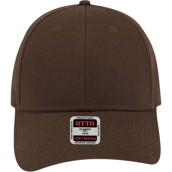 A brown 6 panel low profile baseball cap with a logo on the front and stitched detailing on the brim.