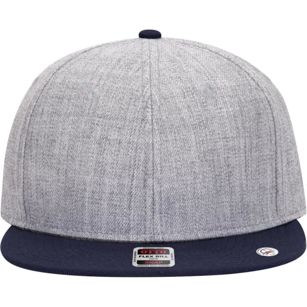 A grey snapback cap with a navy blue brim and a logo on the front.