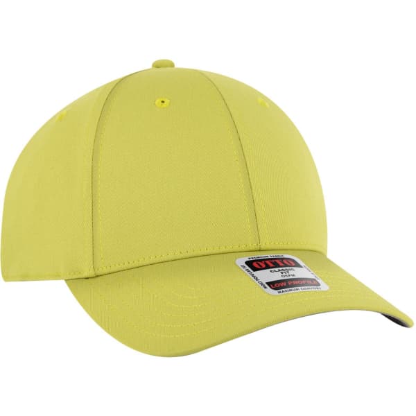 A bright yellow 6-panel low profile baseball cap featuring a logo on the front.