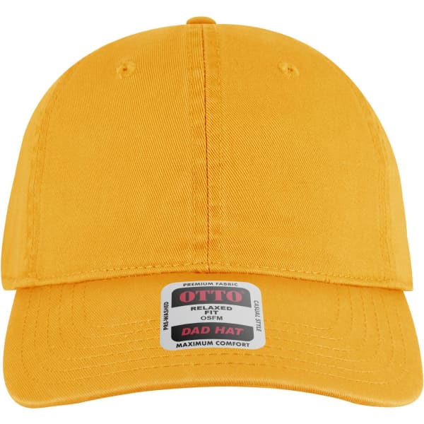 A yellow 6 panel low profile dad cap with a logo and a relaxed fit for maximum comfort.