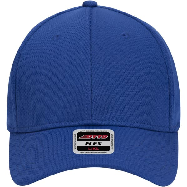 A blue 6 panel low profile baseball cap with a logo tag at the front.