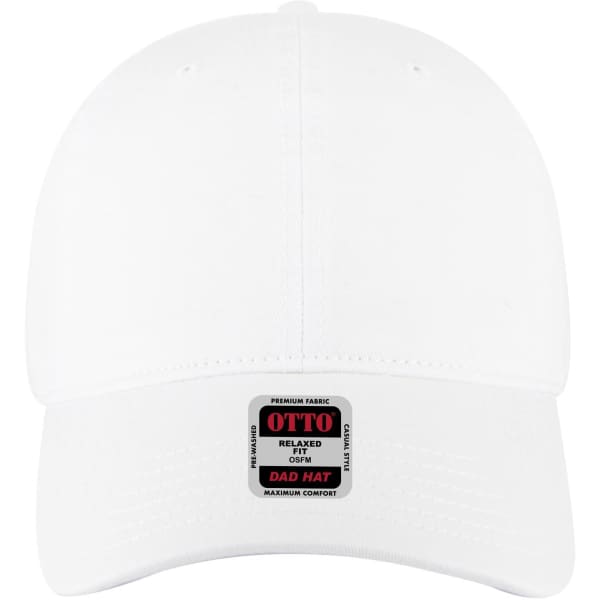 A white 6 panel low profile dad cap with a logo on the front and a relaxed fit design.