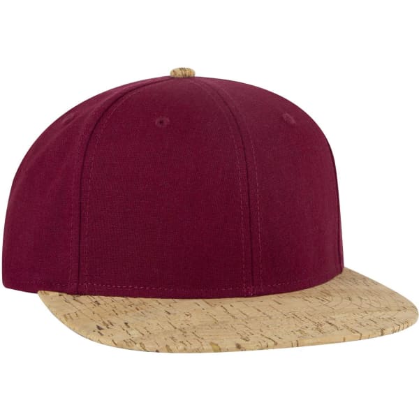 A maroon mid-profile snapback cap with a cork peak and a small logo on the side.