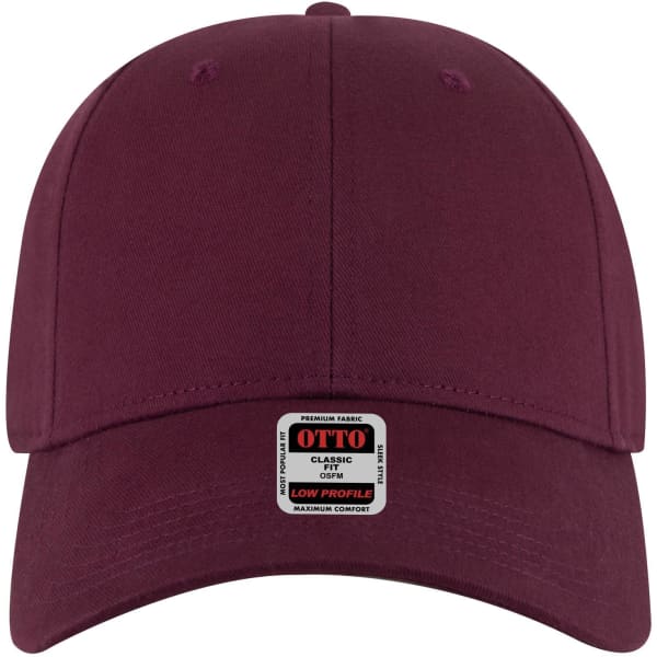 A maroon 6 panel low profile baseball cap featuring a branding tag on the front.