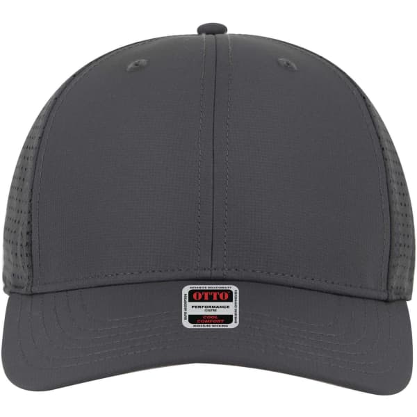 A grey 6 panel mid profile style baseball cap with a branded logo on the front.