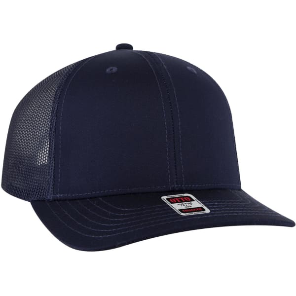 A navy blue 6 panel mid profile trucker cap with a mesh back and a logo on the front.