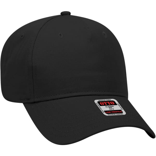 A black 5-panel low profile baseball cap with a logo on the front.