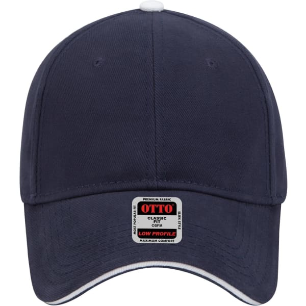 A navy blue 6 panel low profile baseball cap with a logo and premium fabric design.