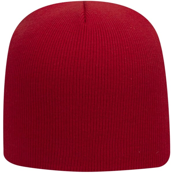 A red classic knit beanie with a ribbed texture and no visible branding.