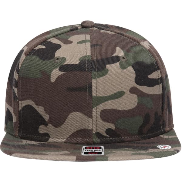 A camo-patterned 6 panel mid-profile snapback cap featuring a curved brim and a logo on the side.