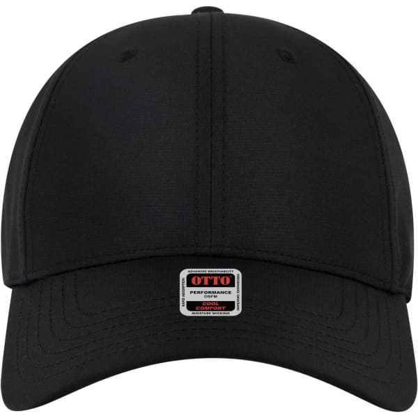 A black 6 panel low profile baseball cap with curved brim and a logo on the front.