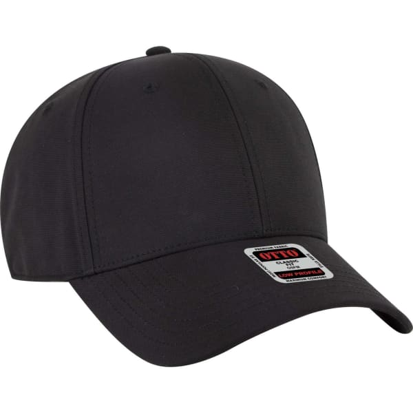 A black 6 panel low profile baseball cap with a logo on the side. Suitable for headwear.
