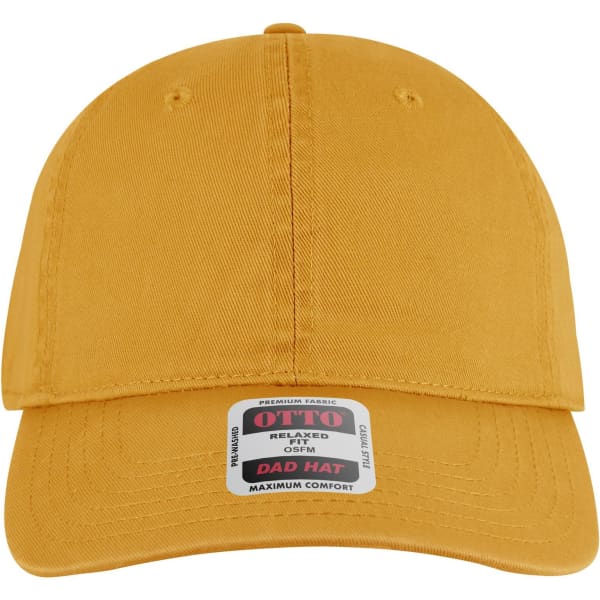A yellow 6 panel low profile dad cap with a logo on the front and a curved brim.