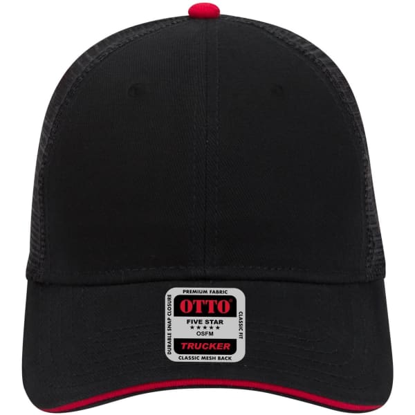 A black low profile trucker cap with a red accent and a branded label on the front.