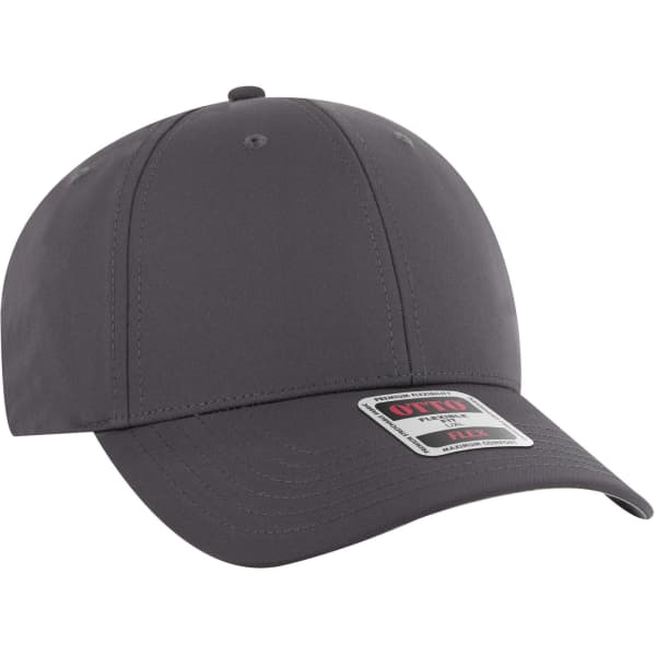 A grey 6 panel low profile style baseball cap with a branded label on the front.