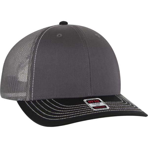 A grey and black 6 panel mid profile trucker cap with a mesh back and a logo on the front.