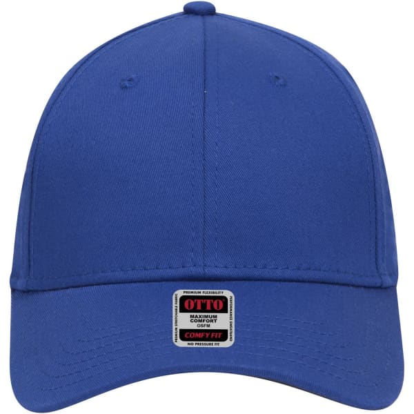 A blue six-panel low profile baseball cap with a branded label on the front.
