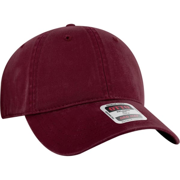 A burgundy 6 panel low profile dad cap featuring a logo on the front.