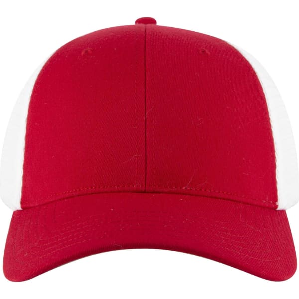 A red and white Flex Fit 6 Panel Low Profile Trucker Cap featuring a structured design and a curved brim.