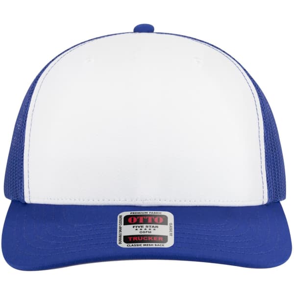 A blue and white trucker cap with a mesh back, featuring a branded tag on the front.