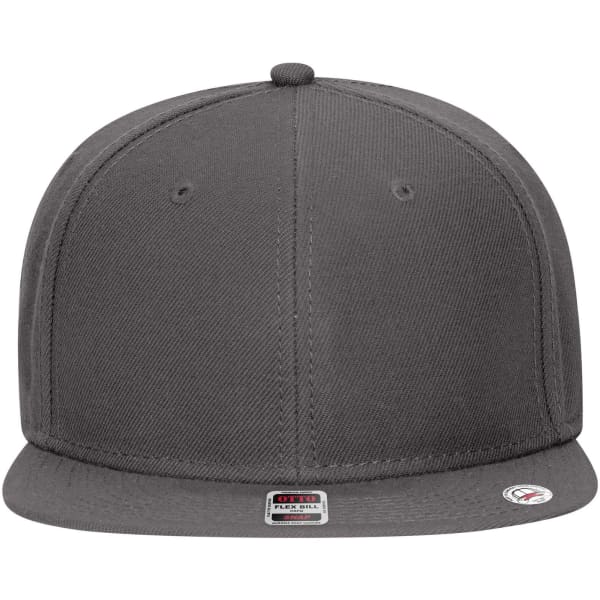 A grey snapback cap with a mid-profile design, featuring a flat brim and a branded tag on the side.