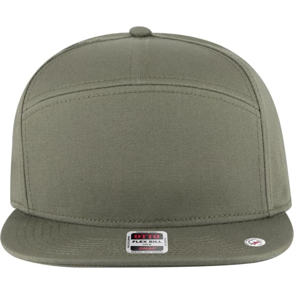 A mid-profile snapback cap in olive green with a flat brim and a logo on the side.