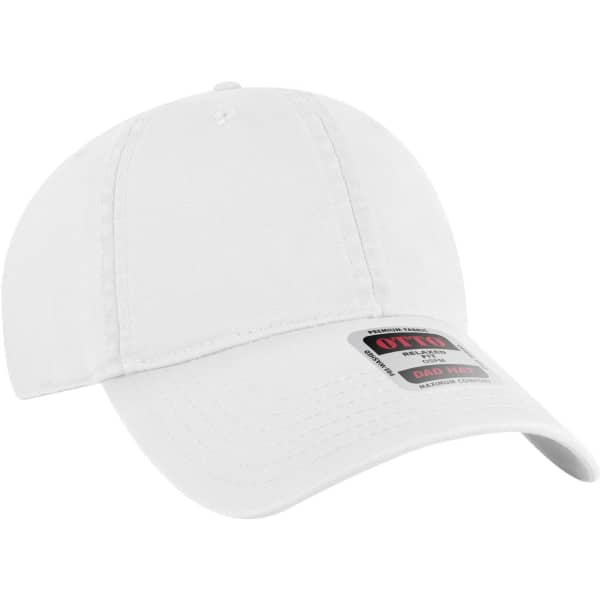 A white 6 panel low profile dad cap with a logo on the front. The cap features a curved brim.