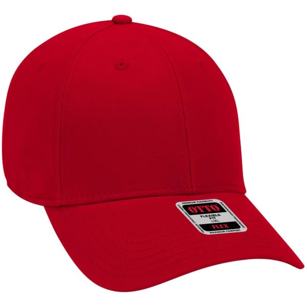 A red six-panel low profile baseball cap featuring a branded label.