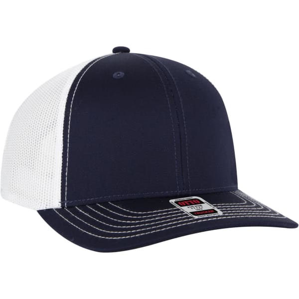 A 6 panel mid profile trucker cap featuring a navy body and a white mesh back, with a branded tag on the side.